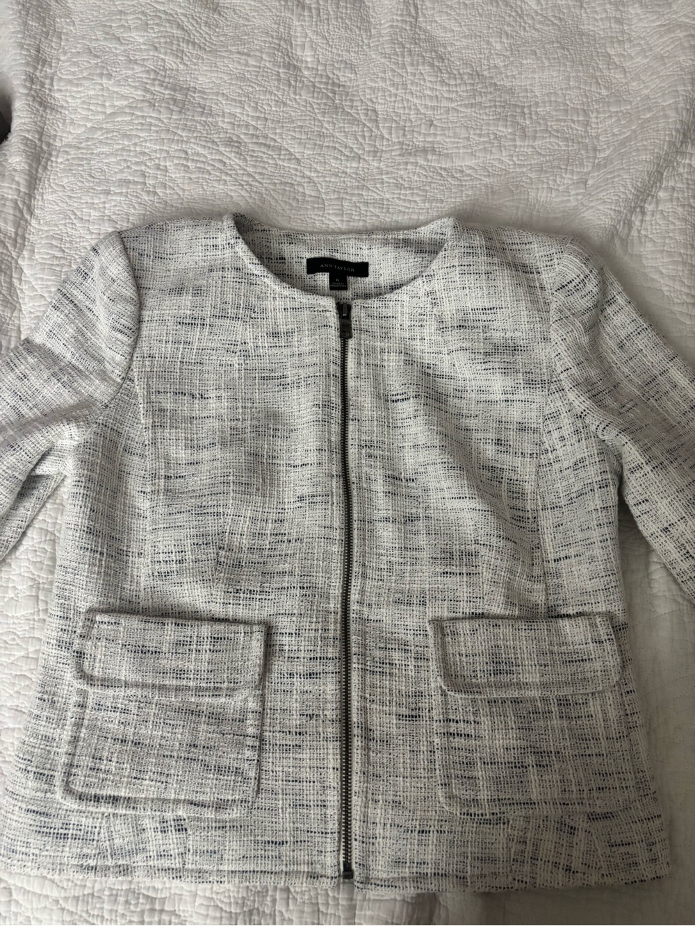 Ann Taylor Gray Textured Zip-Front Tweed Jacket